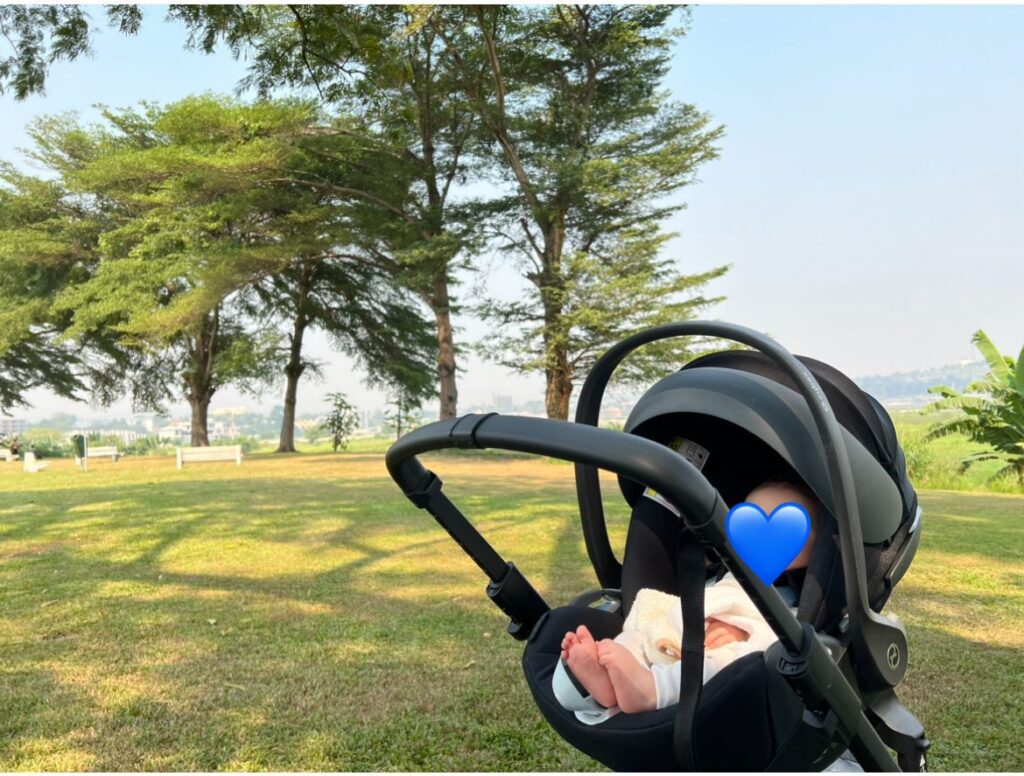 Copyright - bébé en promenade au parc avec une poussette et cosy